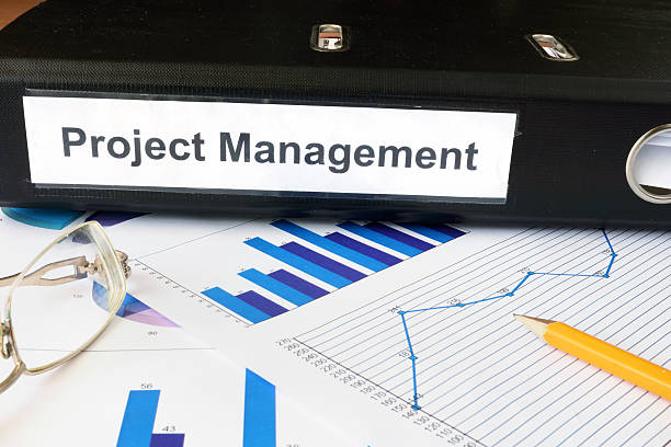 Graphs and file folder with label  Project Management.